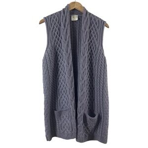 Kilronan Knitwear Women's Vest Purple 100% Wool Pockets Long Cable Knit Size M